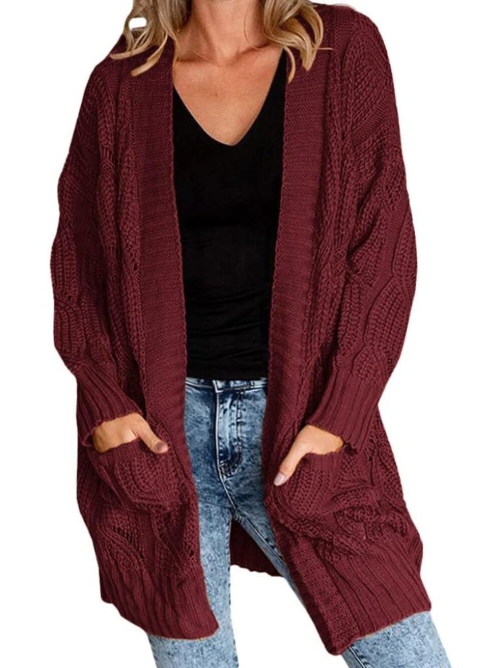 Women  RedWine Long Open Front Outerwear Cable Knit Long Sleeve Pockets Sweater